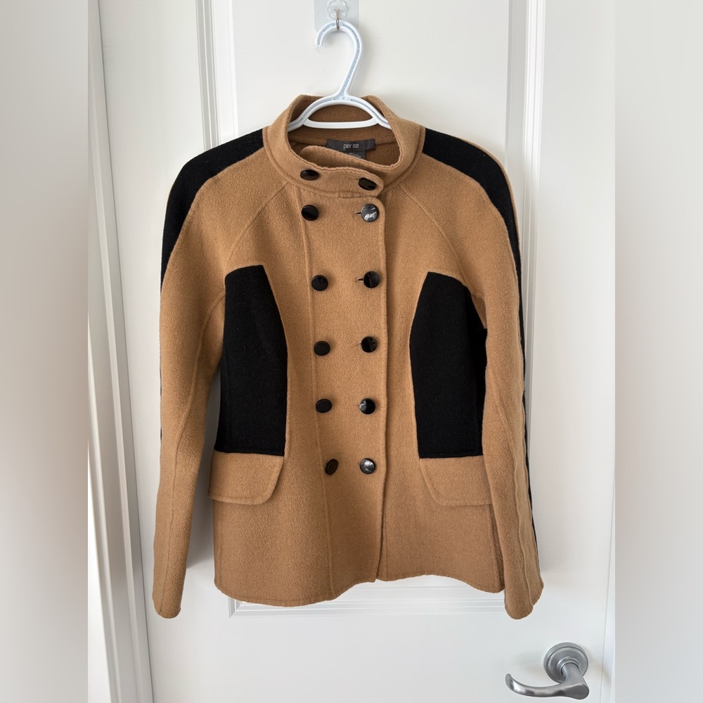 85% Wool Per Se Wool Camel and Black Double-Breasted Pea Coat - US 8